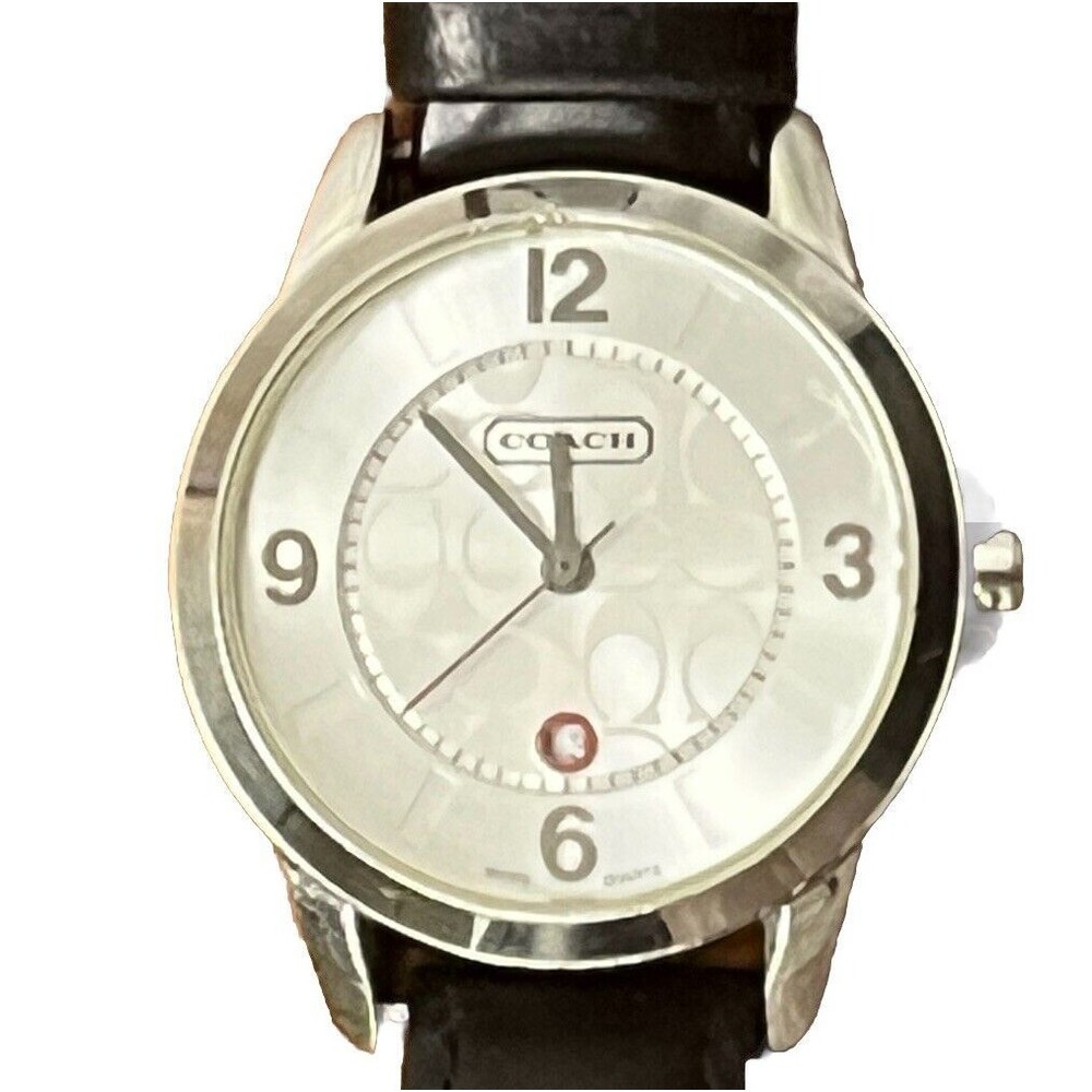 Coach Wrist Watch Ladies Analog Date Logo Silver-tone deBeer Black Leather‎ Band